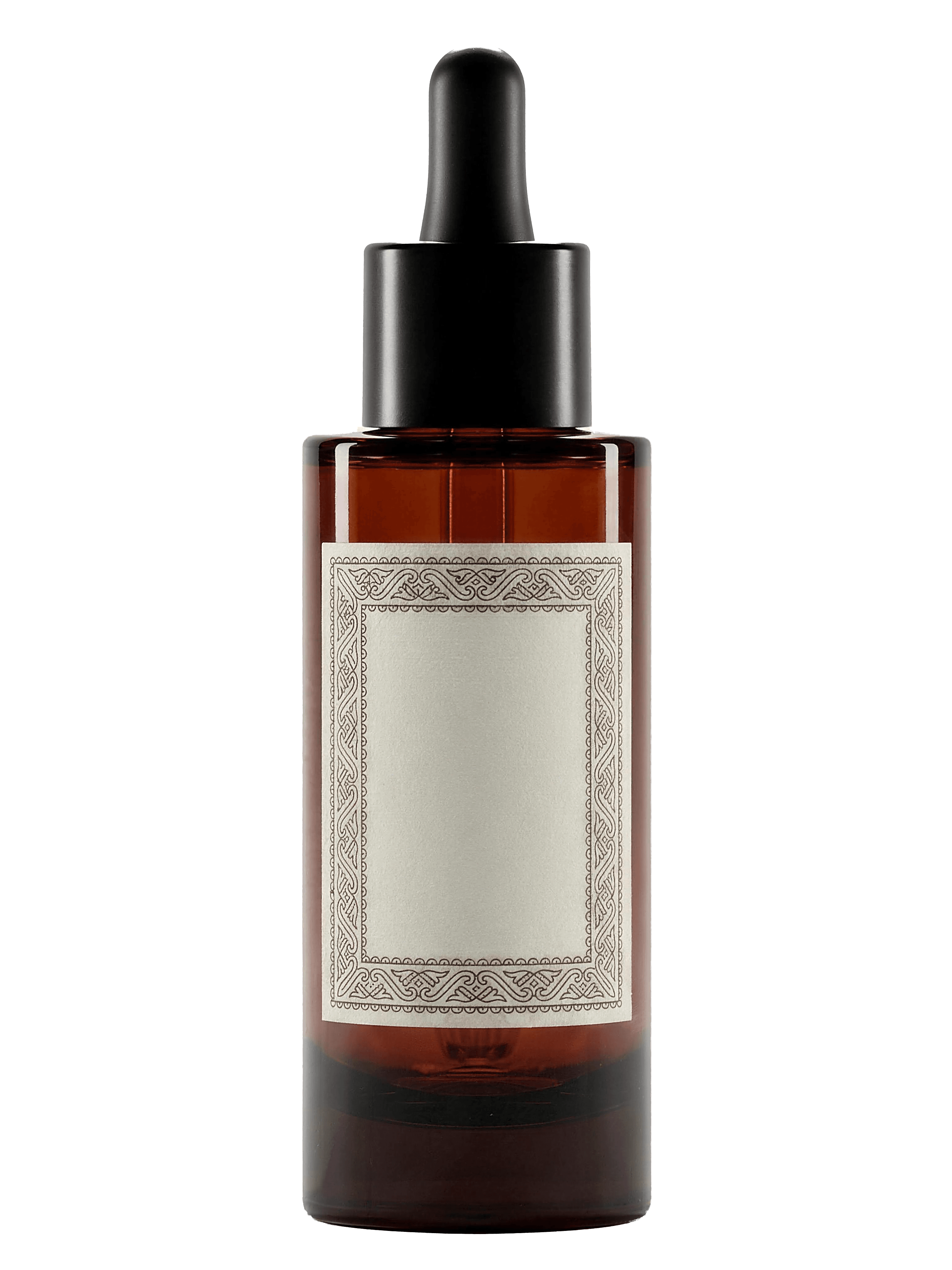 An amber dropper bottle bearing a folk-bordered Atelier Rusalka label